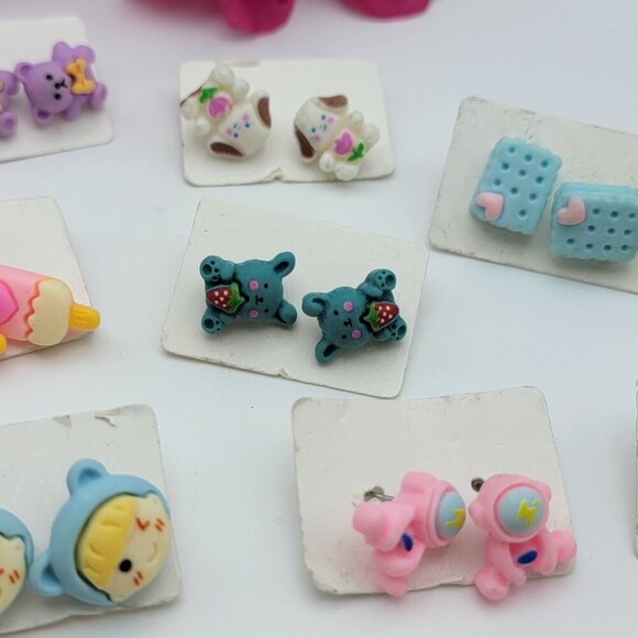 Kids Earrings Stud Multicolor Plastic Lot Of 20 Pairs Bunny Bear Orange Flower - Picture 8 of 12
